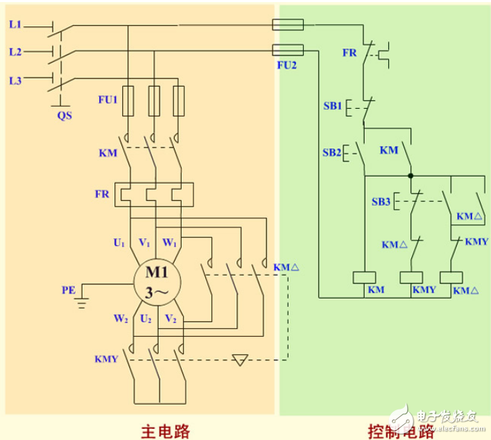 降壓啟動控制線路（按鈕/接觸器控制星型/三角形）