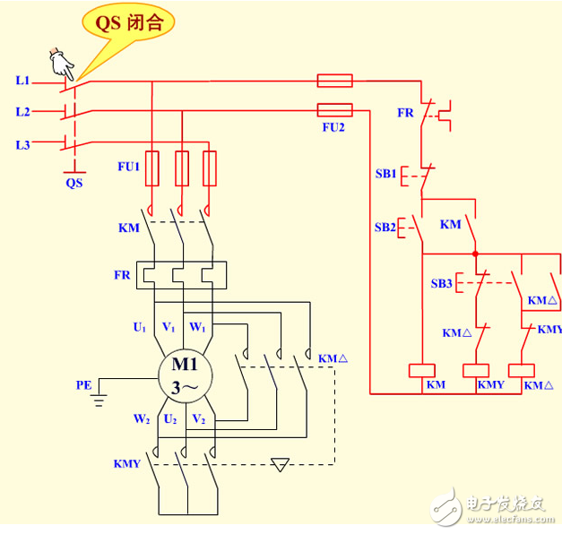 降壓啟動控制線路（按鈕/接觸器控制星型/三角形）