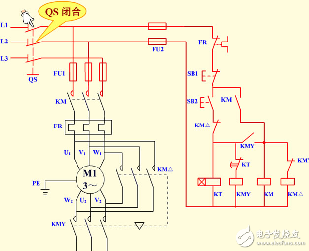 時(shí)間繼電器自動(dòng)控制三角形降壓起動(dòng)控制電路原理圖及星型控制電路
