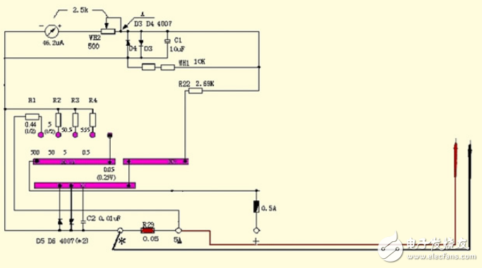 指針式萬用表測直流電流、電壓、交流電壓的方法及電阻測量電路
