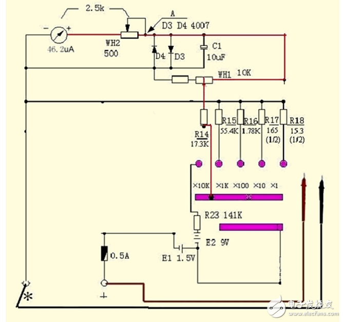 指針式萬用表測直流電流、電壓、交流電壓的方法及電阻測量電路