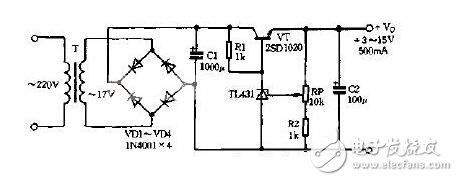 　　串聯(lián)穩(wěn)壓器電路介紹  　　串聯(lián)型穩(wěn)壓電路屬直流穩(wěn)壓電源中的一種，在實際應用電路中應用非常廣泛。如我們平常常用的78或79系列三端穩(wěn)壓器也是屬于它的一種。  　　整流濾波后的電壓是不穩(wěn)定的電壓，在電網(wǎng)電壓或負載變化時，該電壓都會產(chǎn)生變化，而且紋波電壓又大。所以，整流濾波后，還須經(jīng)過穩(wěn)壓電路，才能使輸出電壓在一定的范圍內穩(wěn)定不變。在這里我們就用串聯(lián)型穩(wěn)壓電路對其進行穩(wěn)壓。  　　集成線性：如果將前述的串聯(lián)型穩(wěn)壓電源電路全部集成在一塊硅片上，加以封裝后引出三端引腳，就成了三端集成穩(wěn)壓電源了。正電壓輸出的78××系列，負電壓輸出的79××系列。其中××表示固定電壓輸出的數(shù)值。如：7805、7806、7809、7812、7815、7818、7824等，指輸出電壓是+5V、+6V、+9V、+12V、+15V、+18V、+24V。79××系列也與之對應，只不過是負電壓輸出。這類穩(wěn)壓器的最大輸出電流為1.5A，塑料封裝（TO-220）最大功耗為10W（加散熱器）；金屬殼封裝（TO-3）外形，最大功耗為20W（加散熱器）。  　　線性串聯(lián)：這種穩(wěn)壓電路的主回路由調整管T與負載相串聯(lián)構成，且T工作在線性狀態(tài)，故稱為線性串聯(lián)式穩(wěn)壓電路。輸出電壓Vo=VI-VCE，其變化量由反饋網(wǎng)絡取樣，并經(jīng)放大電路（A）放大后去控制調整管T的基極電壓，從而改變調整管T的VCE大小。當輸入電壓VI增加（或負載電流Io減小）時，導致輸出電壓Vo增加，隨之反饋電壓VF=R2Vo/（R1+R2）=FvVo也增加（Fv為反饋系數(shù)）。VF與基準電壓VREF相比較，其差值電壓經(jīng)比較放大電路放大后使調整管的VB和IC減小，于是調整管T的c-e間電壓VCE增大，使Vo下降，從而維持Vo基本恒定。顯然，這是電壓負反饋電路基本性能。  　　TL431介紹  　　TL431是可控精密穩(wěn)壓源。它的輸出電壓用兩個電阻就可以任意的設置到從Vref（2.5V）到36V范圍內的任何值。該器件的典型動態(tài)阻抗為0.2Ω，在很多應用中用它代替穩(wěn)壓二極管，例如，數(shù)字電壓表，運放電路，可調壓電源，開關電源等。  　　TL431是一種并聯(lián)穩(wěn)壓集成電路。因其性能好、價格低，因此廣泛應用在各種電源電路中。其封裝形式與塑封三極管9013等相同，如圖a所示。同類產(chǎn)品還有圖b所示的雙直插外形的。知道了串聯(lián)穩(wěn)壓器電路和TL431的原理，我們再來看看由TL431構成的串聯(lián)穩(wěn)壓器電路是什么樣子的。  　　2  　　由TL431構成的串聯(lián)穩(wěn)壓器電路  　　TL431是一種并聯(lián)穩(wěn)壓集成電路。因其性能好、價格低，因此廣泛應用在各種電源電路中。其封裝形式與塑封三極管9013等相同。同類產(chǎn)品還有雙直插外形的。  　　TL431是一個有良好的熱穩(wěn)定性能的三端可調分流基準源。他的輸出電壓用兩個電阻就可以任意的設置到從Verf（2.5V）到36V范圍內的任何值。該器件的典型動態(tài)阻抗為0.2Ω，在很多應用中用它代替齊納二極管。  　　串聯(lián)型穩(wěn)壓電路屬直流穩(wěn)壓電源中的一種，在實際應用電路中應用非常廣泛。如我們平常常用的78或79系列三端穩(wěn)壓器也是屬于它的一種。 整流濾波后的電壓是不穩(wěn)定的電壓，在電網(wǎng)電壓或負載變化時，該電壓都會產(chǎn)生變化，而且紋波電壓又大。所以，整流濾波后，還須經(jīng)過穩(wěn)壓電路，才能使輸出電壓在一定的范圍內穩(wěn)定不變。在這里我們就用串聯(lián)型穩(wěn)壓電路對其進行穩(wěn)壓。  　　1