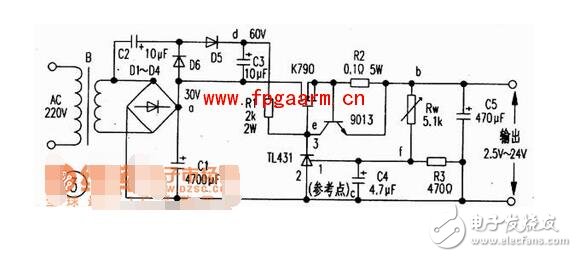 　　工作原理  　　如圖所示，220v電壓經變壓器B降壓、D1-D4整流、C1濾波。此外D5、D6、C2、C3組成倍壓電路（使得Vdc＝60V），Rw、R3組成分壓電路，T1431、R1組成取樣放大電路，9013、R2組成限流保護電路，場效應管K790作調整管（可直接并聯(lián)使用）以及C5是輸出濾波器電路等。  　　穩(wěn)壓過程是：當輸出電壓降低時，f點電位降低，經T1431內部放大使e點電壓增高，經K790調整后，b點電位升高；反之，當輸出電壓增高時，f點電位升高，e點電位降低，經K790調整后，b點電位降低。  　　從而使輸出電壓穩(wěn)定。當輸出電流大于6A時，三極管9013處于截止，使輸出電流被限制在6A以內，從而達到限流的目的。本電路除電阻R1選用2W、R2選用5W外，其它元件無特殊要求，其元件參數如圖3所示。  　　1  　　2  　　基于TL431的延時定時器電路圖  　　1  　　TL431的無反饋，可以看作一個NPN或N - MOS器件高跨導和精確的2.5V接通電壓 。管頭要小心：TL431的引腳上（+電源）是陰極，較低的（供應） - 陽極 。。。 它的另一個世界。  　　1  　　重負荷（超過100毫安），可以通過完全脫鉤的繼電器或optocouples供電，或與PNP（P - MOS）開關晶體管。為監(jiān)管機構制定的特殊的PNP類型 - 這些具有低壓降和不需要很多的基極電流。  　　1  　　要添加遲滯（正反饋） - 添加另一個PNP逆變器。從電源紋波穩(wěn)壓器中分離出來的RS - DS輸入網絡。  　　1  　　基本定時器配置。設置起動電流通過RT為100uA（遠高于基輸入繪制2uA）。開啟延時T1 = 2.5V/U1 *（RT * NO）。斷電延時通常是由負載電流，但你必須考慮電源capacitanca和泄漏（C2，R2）的影響。  　　工作例如：連續(xù)兩次在電子管放大器的延遲（45秒，60秒）。齊納穩(wěn)壓電源供應器（它可以摩托艇沒有它 - 繼電器的電流是相當高的，100mA的）分離定時電容。  　　如果連續(xù)兩次延遲有一個相對較小的時間傳播 - 使用單一的定時電容：  　　1
