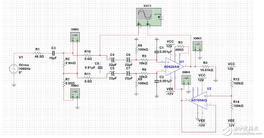 AD620與AD705構(gòu)成的微弱信號(hào)放大電路