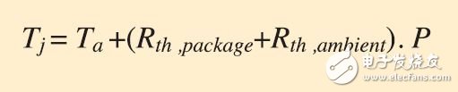 圖 3 - 環(huán)境溫度與結(jié)溫之間的關(guān)系。其中 Tj 代表結(jié)溫，Ta 代表環(huán)境溫度，Rth、package 代表結(jié)點與封裝外表面間的熱阻，Rth、ambient 代表封裝外表面和環(huán)境空氣間的熱阻（如果沒有散熱器或空氣流時為 0）且 P 為器件耗散的功率。