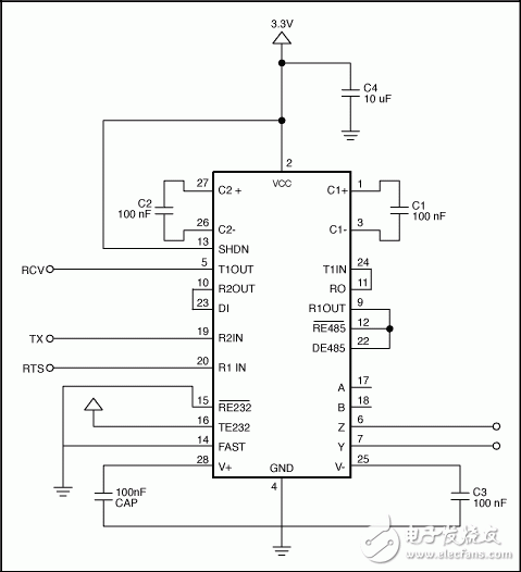 圖9. MAX3162在多節(jié)點(diǎn)應(yīng)用中雙向轉(zhuǎn)換RS-232和RS-485信號(hào)。