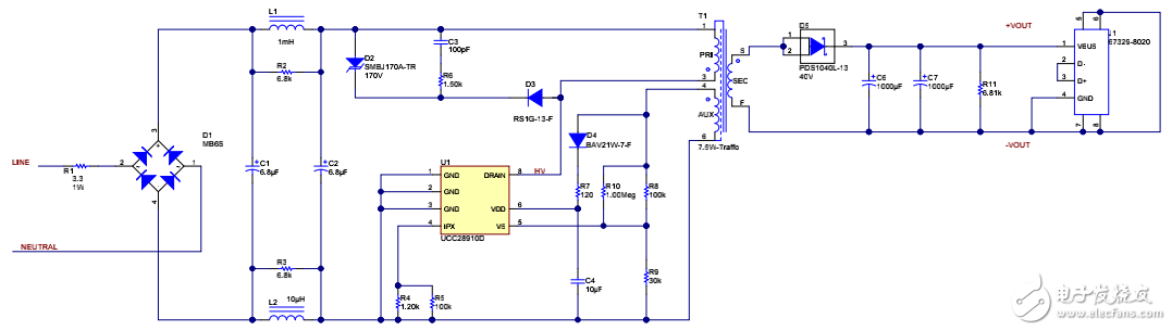 85VAC-265VAC 輸入、5V7.5W 低成本、小尺寸反激電路原理圖的分享
