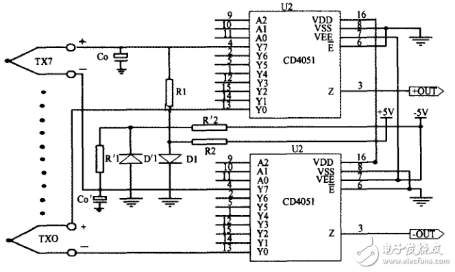 多點熱電偶精密測試電路_基于CD4051的多點熱電偶轉(zhuǎn)換電路_基于ADOP07的熱電偶的放大電路