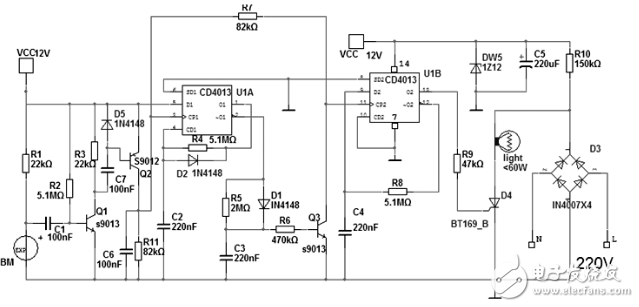 cd4013樓梯延時(shí)照明燈的應(yīng)用