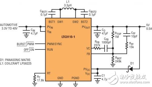 圖 2：能應(yīng)對(duì)冷車(chē)發(fā)動(dòng)情況的 5V、2MHz 汽車(chē)電源