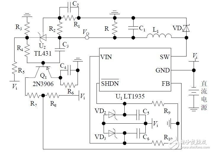 圖4 非隔離負(fù)電壓DC/DC開(kāi)關(guān)電源硬件電路圖