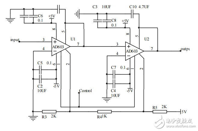 AD603應(yīng)用電路之可控直流寬帶放大器