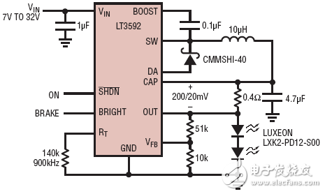 圖1. 雙紅光LED應(yīng)用（未采用外部升壓二極管）