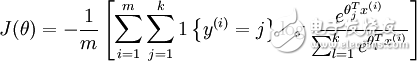 egin{align}J(	heta) = - frac{1}{m} left[ sum_{i=1}^{m} sum_{j=1}^{k}  1left{y^{(i)} = jight} log frac{e^{	heta_j^T x^{(i)}}}{sum_{l=1}^k e^{ 	heta_l^T x^{(i)} }}ight]end{align}