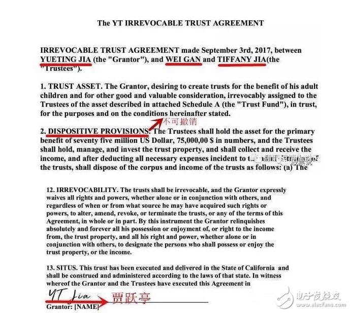 　　賈躍亭美國信托文件  　　1  　　據律師透露，最后文書的簽訂工作將會是2017年九月底，在文書最后完成以及資金打入指定信托賬號后，整個資金將會和賈躍亭完全無關，我再介紹一下相關知識。不可撤銷的生前信托（irrevocable living trusts）具備資產保護的功能（簡言之，債主無法追討到此類信托名下的財產），這是可撤銷生前信托功能所不及的，許多人知道這點時，都躍躍欲試，這是人之常情，不過，并非每個人都適合成立不可撤銷的信托。  　　絕大多數情形下，要成立不可撤銷的生前信托來保護資產，成立人不能是信托管理人，也就是說成立人不能直接碰觸信托本金；在美國加州，成立人要有把握將來不會需要以該信托本金做抵押貸款；雖然加州州準許成立人撤銷這類信托，但需經過所有利害關系人的書面同意；成立人也不能任意更改信托的重要內容。在這些限制下，成立不可撤銷的信托的人經常是在成立此類信托后還有足夠流動資產的人，或是有充分跡象（即有高度可能性）會積欠政府巨額醫(yī)療補助或對外舉債、而特別需要保護家產的高齡者。  　　賈躍亭回應  　　對此，賈躍亭發(fā)聲：“呵呵，我今天才發(fā)現在美國這么重要的法律文件，簽名居然可以用“YT”這個簡拼來簽。在這個造謠零成本的自媒體時代，居然也有如此無腦的造假者，而且他的謠文還輕而易舉的被捧為‘10萬+’?！? 　　與此同時，樂視控股也發(fā)聲明表示，惡意杜撰信托文件，將進行法律訴訟。 以下是聲明內容。  　　2  　　唉，想想當時賈躍亭的造車夢，我只能說“蒙眼狂奔32個月，為它流淚哽咽為它丟了樂視網。”如果當初賈躍亭沒有造車，如今的樂視恐怕不容小覷。一步錯步步錯。  　　當初賈躍亭在為大家講述他的造車理想時曾放出豪言：“即使樂視造車萬劫不復，我們也義無反顧?！比缃?，幾乎一語成讖。  　　3  　　從卸任樂視網總經理，到卸任樂視網董事長。在大堆債務的裹挾下，如今的他似乎已經沒有回頭路可走。  　　就在辭任樂視網董事長的同日上午，賈躍亭還在微博上進行公開表態(tài)，承諾他會負責到底。即使在這樣的聲明里，他仍然要提到樂視汽車，“懇請大家給樂視一些時間，給樂視汽車一些時間，我們會把金融機構、供應商以及任何的欠款全部還上。”  　　延伸閱讀：什么是信托_如何購買信托  　　什么是信托  　　信托，初看是金融，再看是法律安排，認真感悟，是人性。信托之所以能夠存在，是基于信任，是基于對人性中善的一面的認知。當然，這種信任，也有法律制度的保障做基礎。  　　信托的本源是“我信任你，把某些資產托付給你去運營和打理，到約定時間你給我一定收益”，受托人背負著信托責任。  　　由此可以看出信托的四個基本要素：即信托行為（委托），信托目的（運營和打理資產，并獲得收益），信托當事人（委托人、受托人），信托財產（委托的資產）。  　　信托的監(jiān)管機構是銀監(jiān)會，信托公司屬于非銀行類金融機構，其業(yè)務運作均有法律依據，受法律約束。  　　1  　　如何購買信托  　　從推介（俗稱銷售）渠道看，信托產品有兩大渠道：1）信托公司自行銷售;2 ）委托外部機構銷售  　　1、信托公司自行銷售  　　銀監(jiān)會頒布的《信托公司集合資金信托計劃管理辦法》對信托公司的產品退金額設置了嚴格的限制條件，如不得做廣告、未經報備不得異地推介等。這其中，廣告推介限制基本都獲得了良好的遵守（部分監(jiān)管較松地區(qū)有公司打擦邊球），異地推介事實已被突破，監(jiān)管部門也默認?，F在，不少信托公司都成立了獨立的財富管理中心，負責本公司產品及其他金融產品的銷售。委托外部機構銷售  　　2、銀行渠道  　　根據《信托公司集合資金信托計劃管理辦法》，如果信托公司委托外部機構銷售，必須委托金融機構。在前幾年，銀行和信托公司合作較多，從項目推介到產品銷售都有，因此許多產品由銀行代銷。這是合法合規(guī)的。變化出現在去年年底。當時華夏銀行上海嘉定支行違規(guī)代銷一般公司的私募產品，被媒體盛傳為信托產品，信托公司躺槍。后來，銀監(jiān)會要求銀行代銷信托產品，需獲得總行審批，導致銀行代銷渠道，特別是大型銀行代銷渠道菱縮。  　　3、非銀行金融機構渠道  　　這幾年股市低迷，證券公司營業(yè)部業(yè)務不景氣，而這邊廂信托欣欣向榮，收益率高，又穩(wěn)定，還有剛性兌付，吸走不少投資者和資金。鑒于此，證券公司與其被動，不如主動應對，化身理財咨詢，代理銷售信托產品。但去年資管產品出臺后，證券公司優(yōu)先銷售自己公司資管部門發(fā)行的資管產品，這一渠道也受到較大影響。  　　4、非金融機構  　　這個就是灰色渠道了。現在眾多投資咨詢公司等一般工商企業(yè)，實際也在代銷信托產品，而且占比極大，形成規(guī)模，監(jiān)管部門也默認了這一現實。從風險角度，金融機構代銷信托產品，因為多是自己客戶，需要長期維護，且有監(jiān)管，一般較為謹慎，自身內部會對產品進行一定審查。而廣大非金融機構第三方，則以盈利為第一要務，對風險基本不重視。為了提高代銷競爭力，這些第三方把從信托公司獲取的傭金，直接切分一部分出來給投資者，而且是簽約打款后就直接給現金。這種做法，反過來對信托公司形成了惡性競爭。信托公司有必要在產品收益率設置上規(guī)避這一問題。
